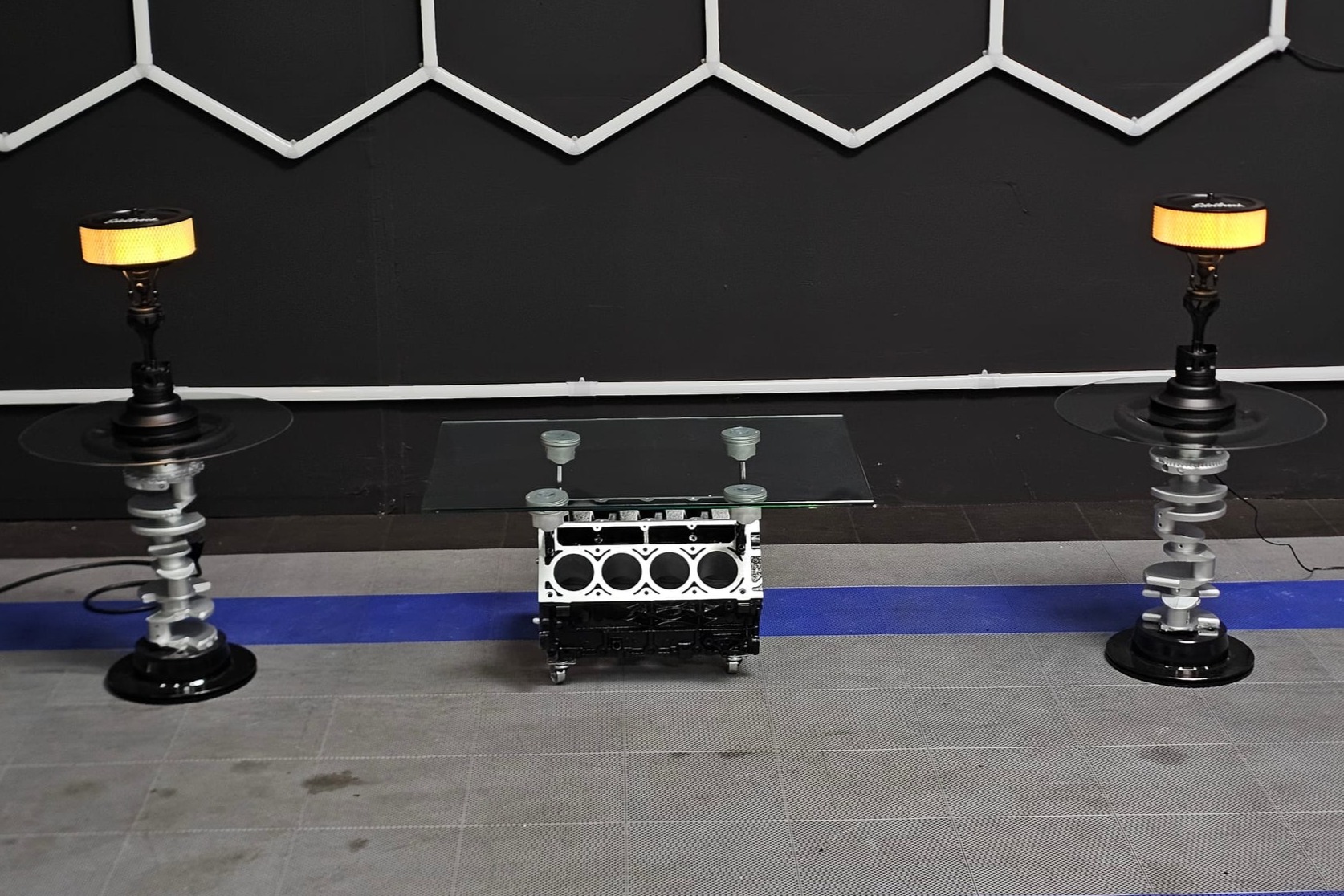 No Reserve: Chevrolet 5.3L Vortec V8 Engine Block Coffee Table, Side Tables, & Lamps